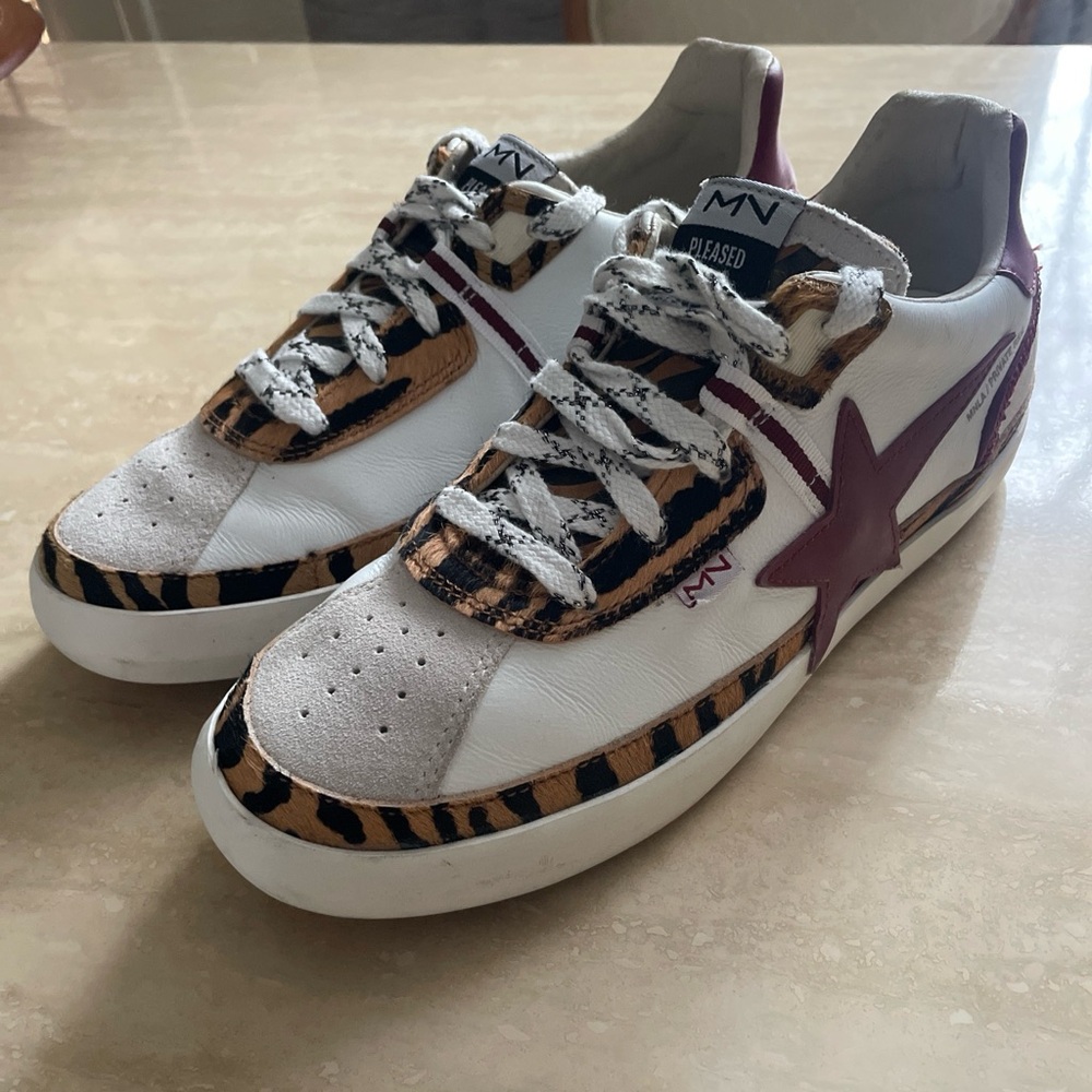 Mark Nason White Sneakers with Brown Tiger Print & Purple Star
